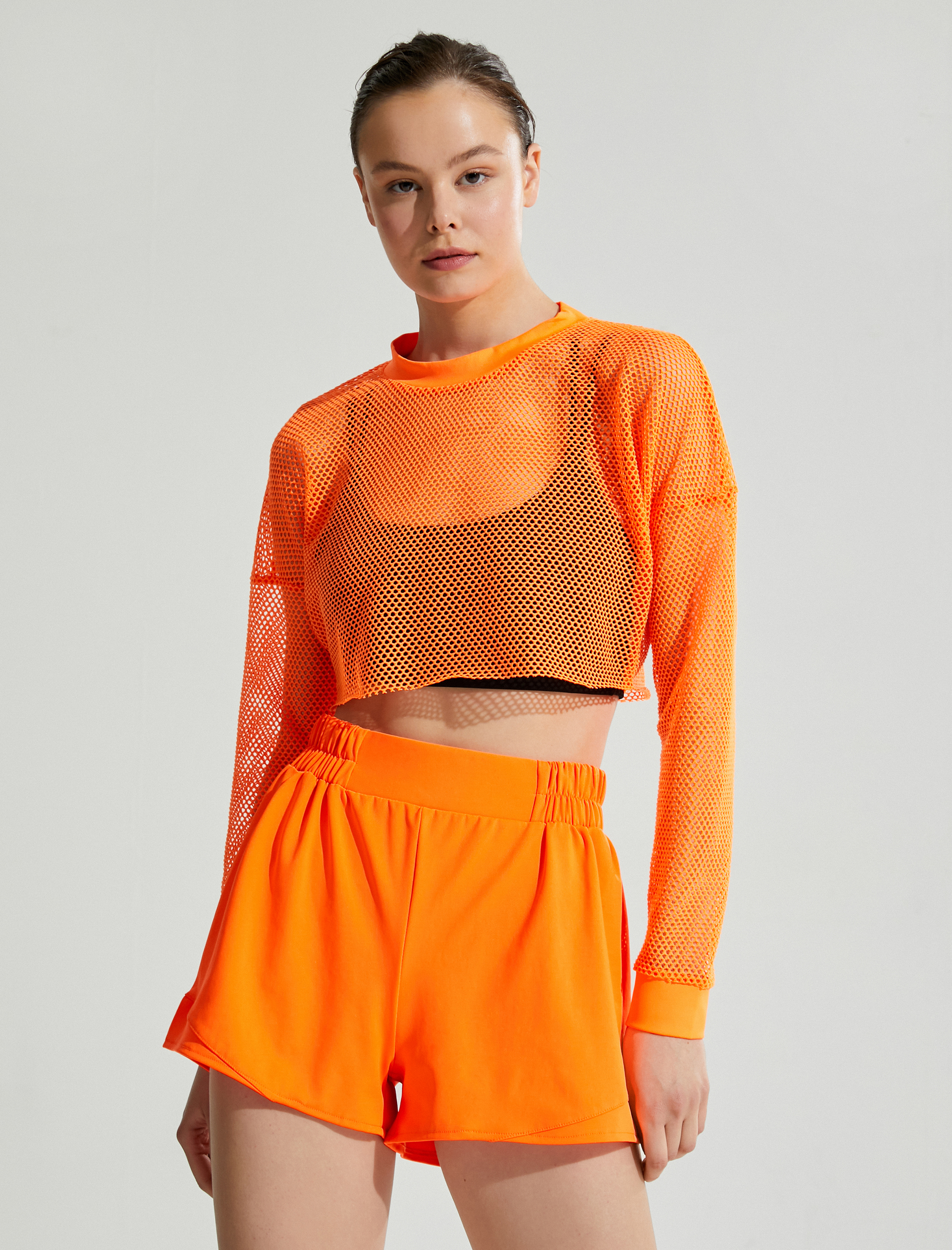   Crop Fileli Spor Tişört Uzun Kollu