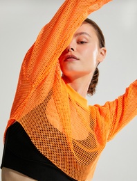 Crop Fileli Spor Tişört Uzun Kollu
