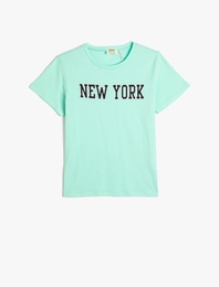 Tişört New York Baskılı Kısa Kollu Bisiklet Yaka Pamuklu