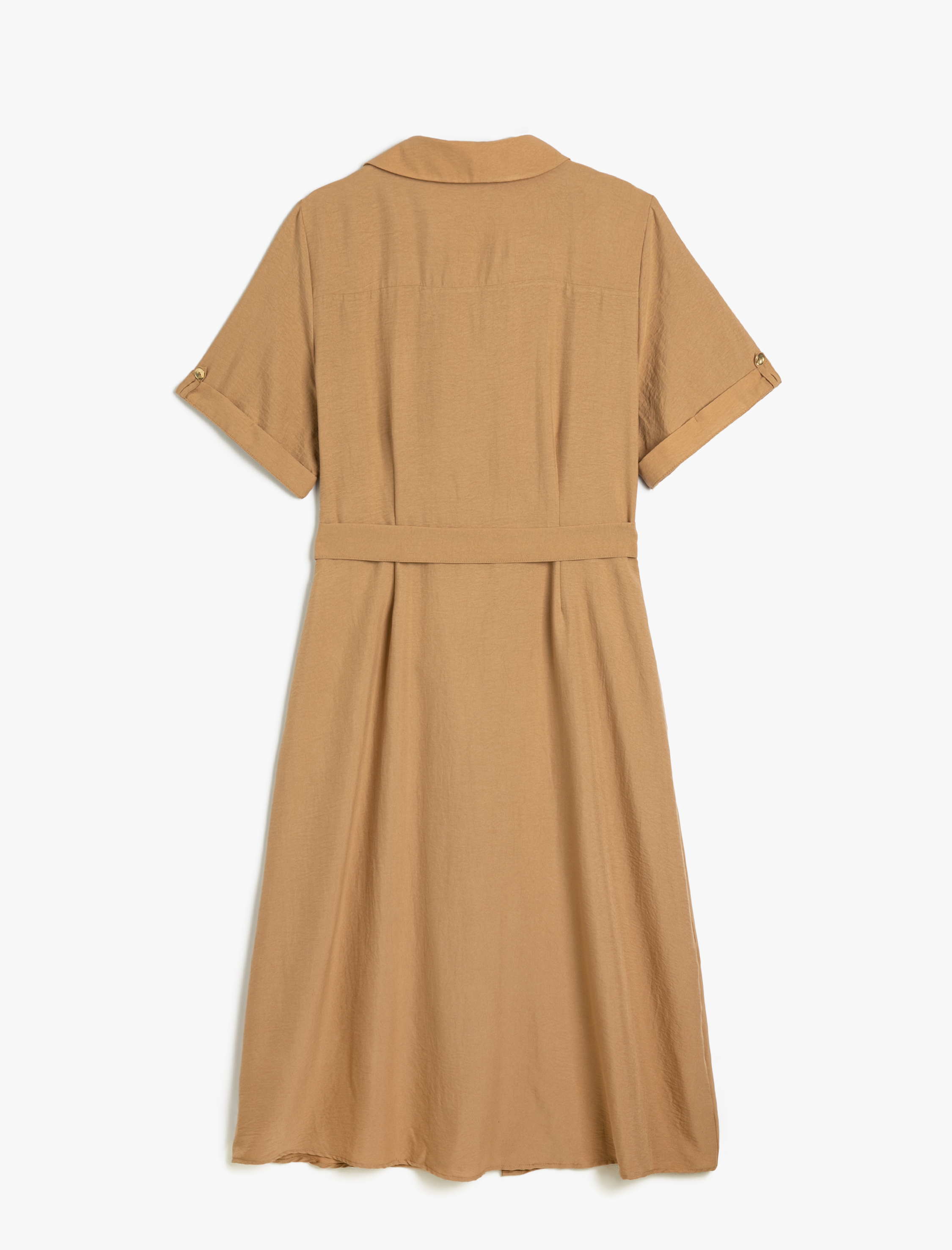   Gömlek Elbise Midi Boy Kısa Kollu Kuşaklı