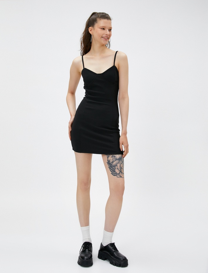  Askılı Mini Elbise Bodycon Fitilli Kalp Yaka