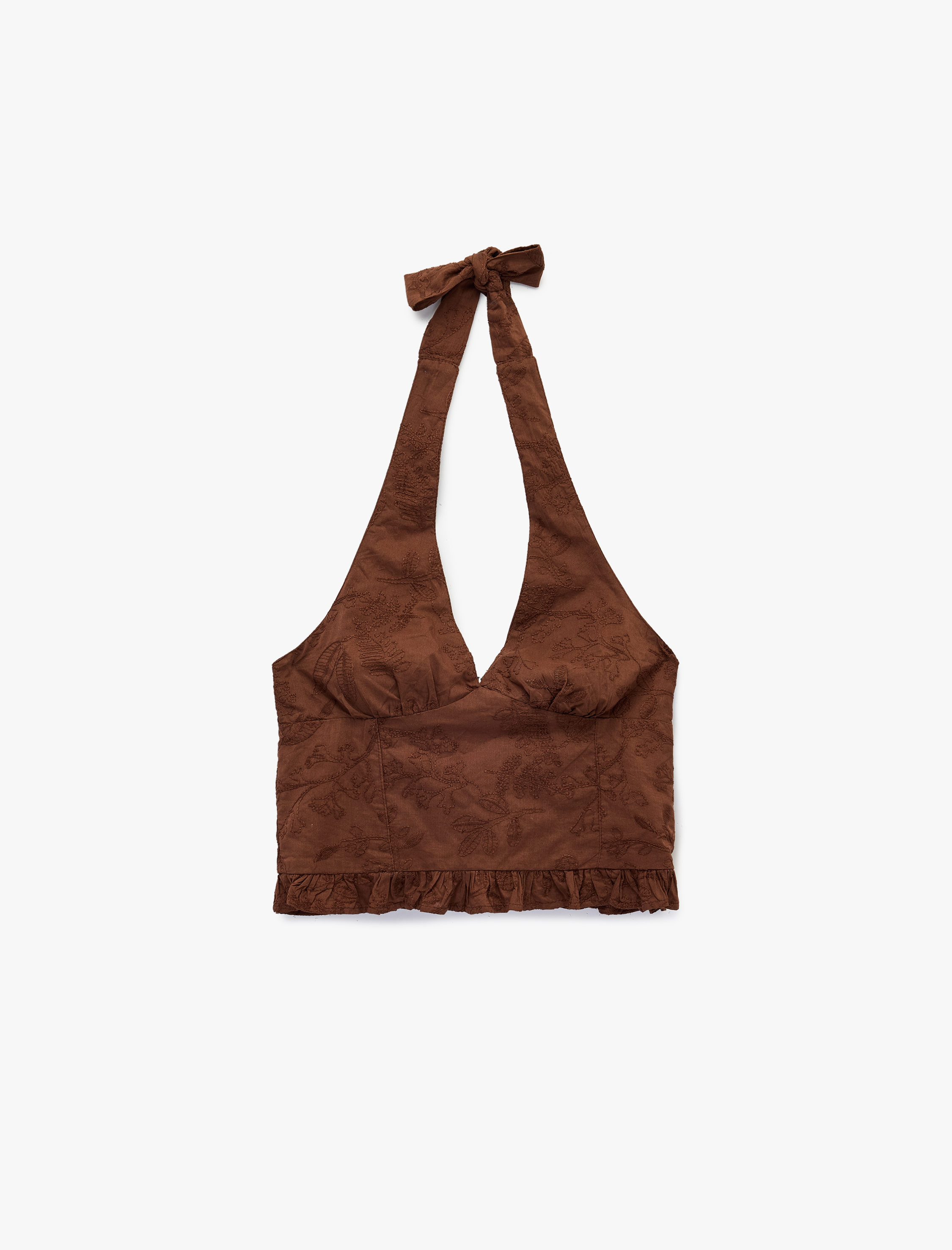   Halter Yaka Kolsuz Nakışlı Pamuklu Crop Bluz