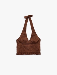 Halter Yaka Kolsuz Nakışlı Pamuklu Crop Bluz