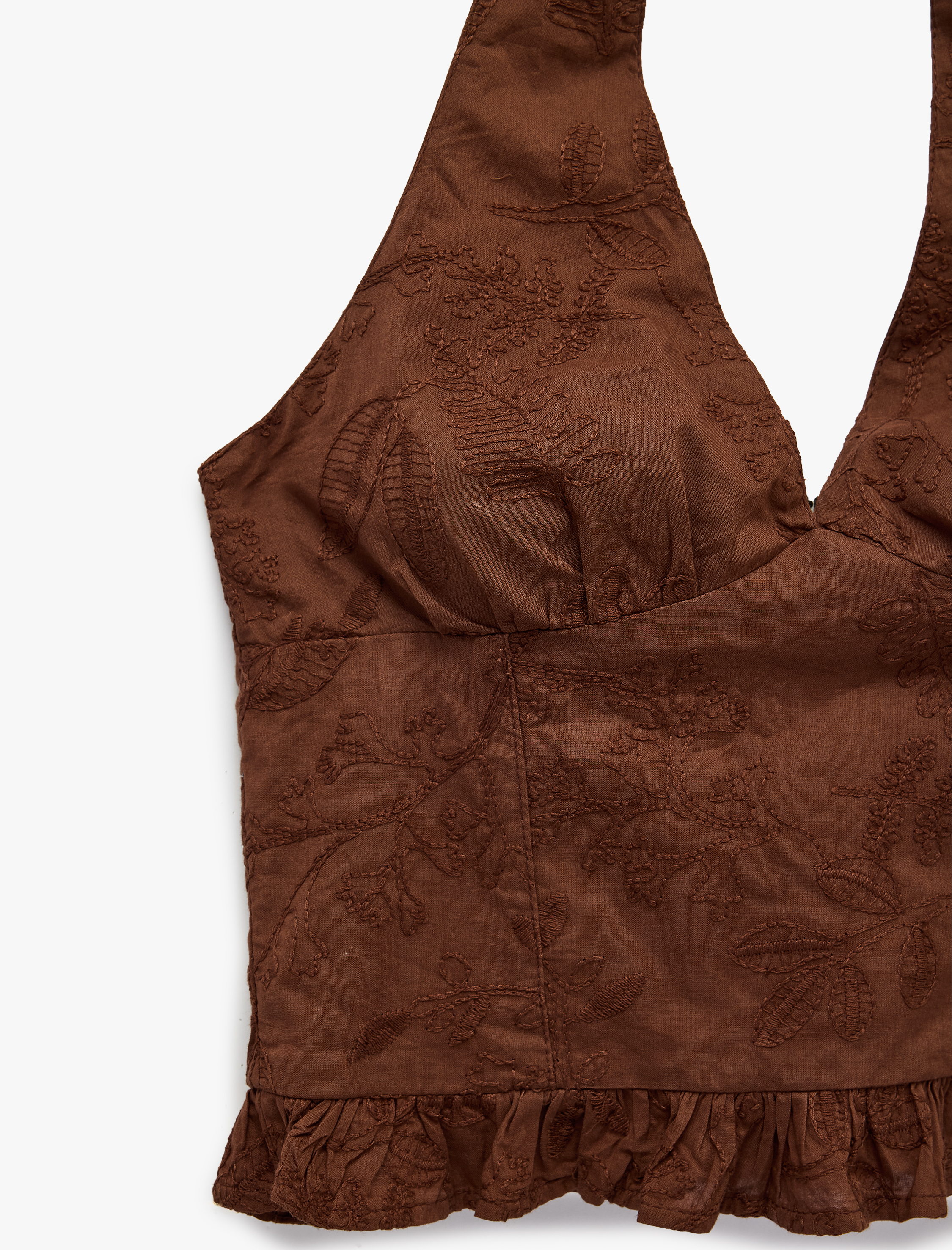   Halter Yaka Kolsuz Nakışlı Pamuklu Crop Bluz