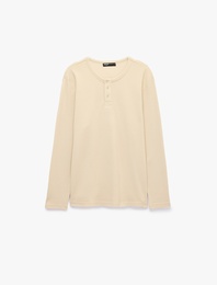 Pamuklu Uzun Kollu Pike Kumaş Düğmeli Henley Yaka Sweatshirt