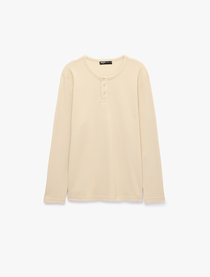  Pamuklu Uzun Kollu Pike Kumaş Düğmeli Henley Yaka Sweatshirt