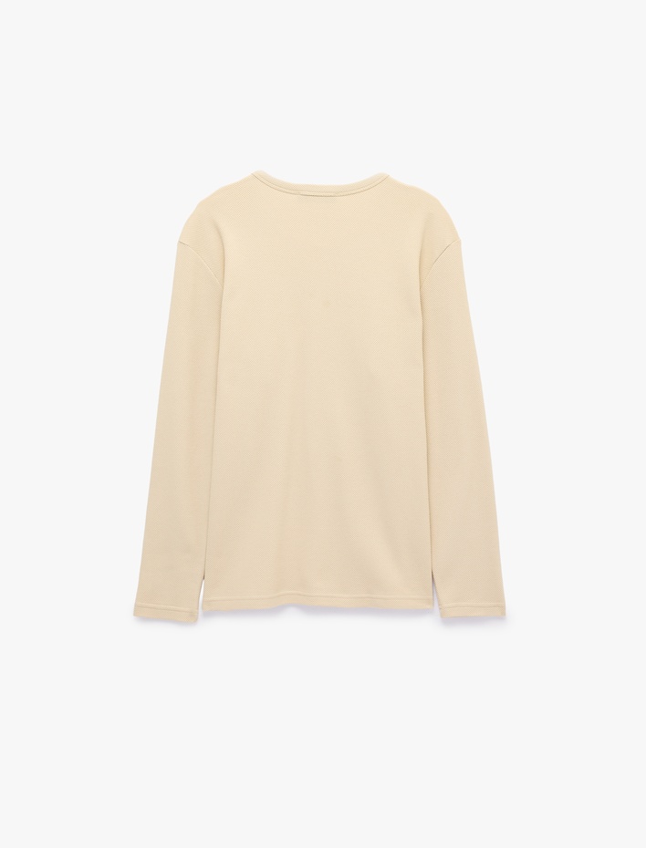  Pamuklu Uzun Kollu Pike Kumaş Düğmeli Henley Yaka Sweatshirt