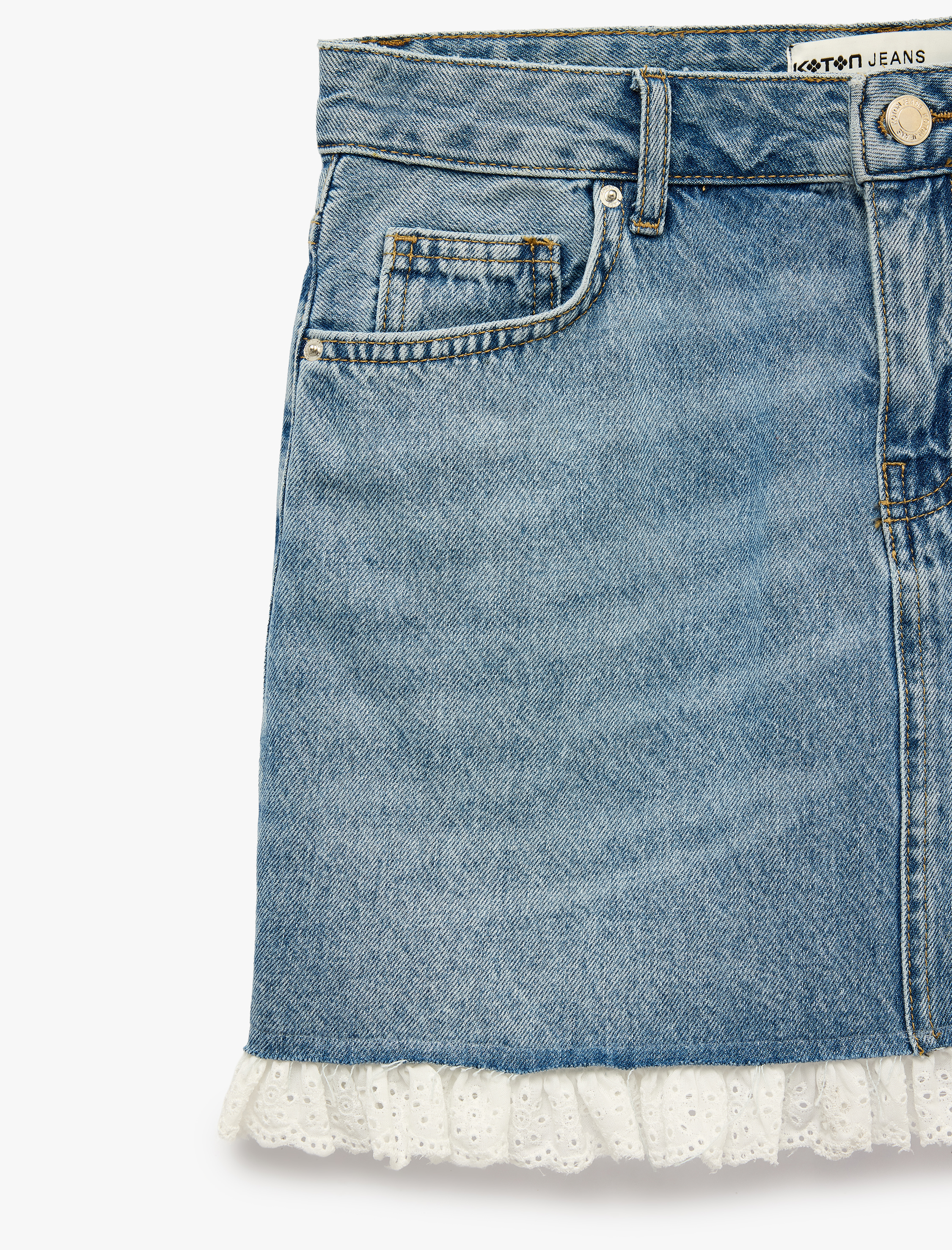  Dantel Detaylı Cepli Düğmeli Mini Denim Etek