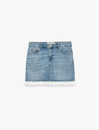 Dantel Detaylı Cepli Düğmeli Mini Denim Etek
