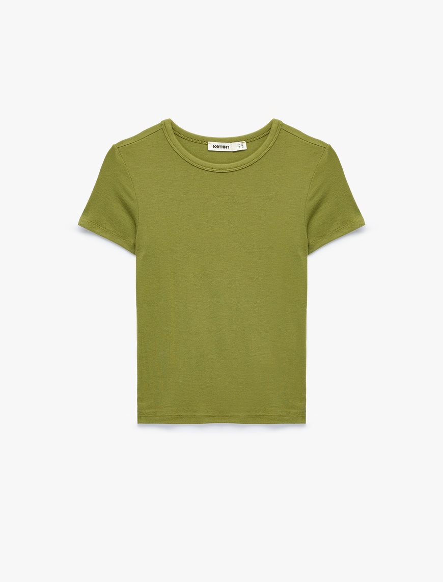 Koton Kadın Viskon Kumaş Ribanalı Slim Fit Kısa Kollu Bisiklet Yaka Basic Tişört