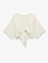 V Yaka Yarım Kollu Bağlama Detaylı Crop Keten Karışımlı Kimono