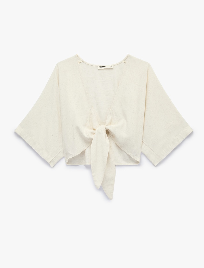  V Yaka Yarım Kollu Bağlama Detaylı Crop Keten Karışımlı Kimono