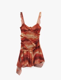 Slim Fit Asimetrik Kesim Batik Desenli Fırfırlı Askılı Tül Mini Elbise