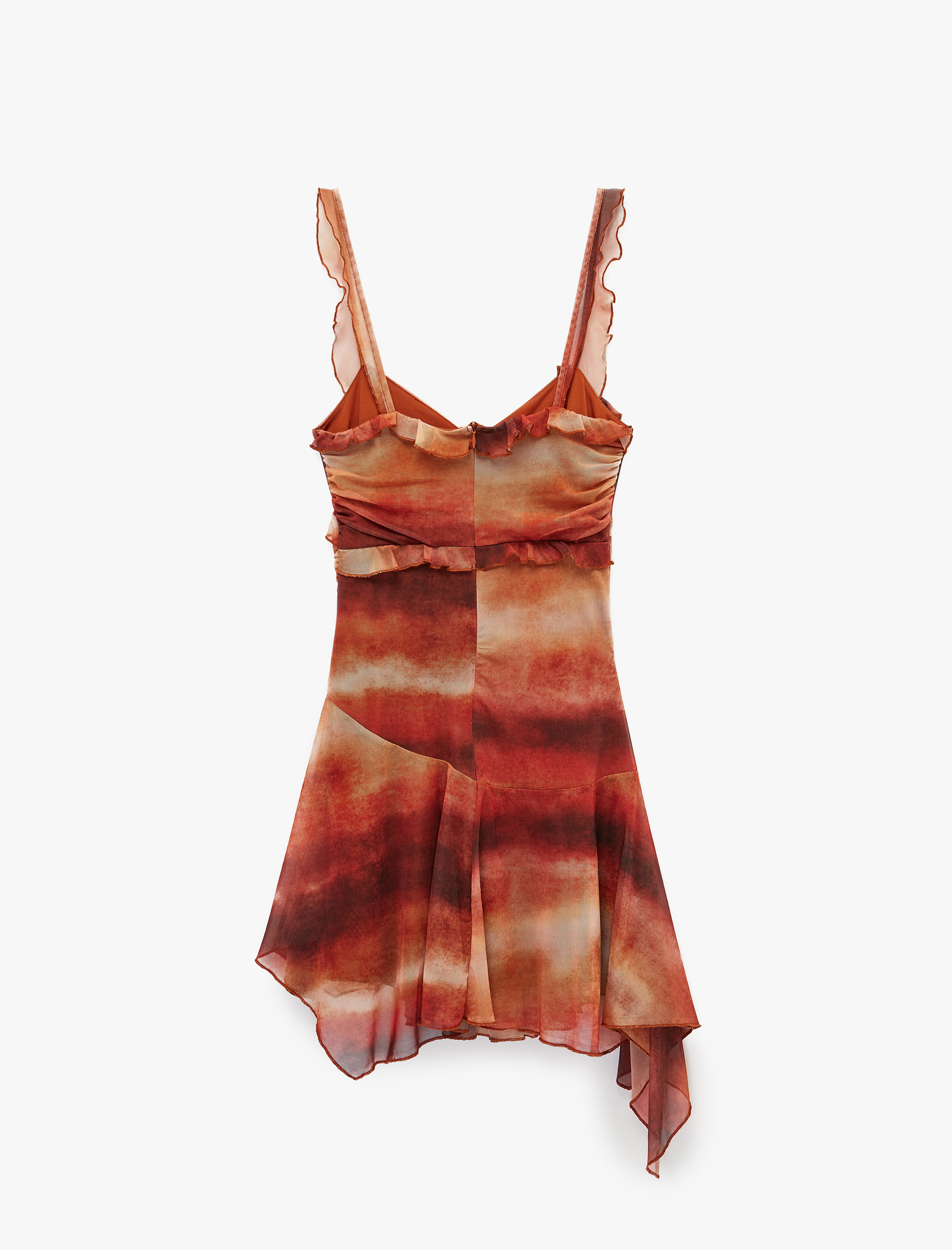   Slim Fit Asimetrik Kesim Batik Desenli Fırfırlı Askılı Tül Mini Elbise