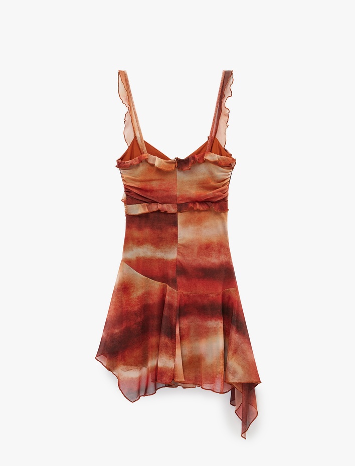  Slim Fit Asimetrik Kesim Batik Desenli Fırfırlı Askılı Tül Mini Elbise