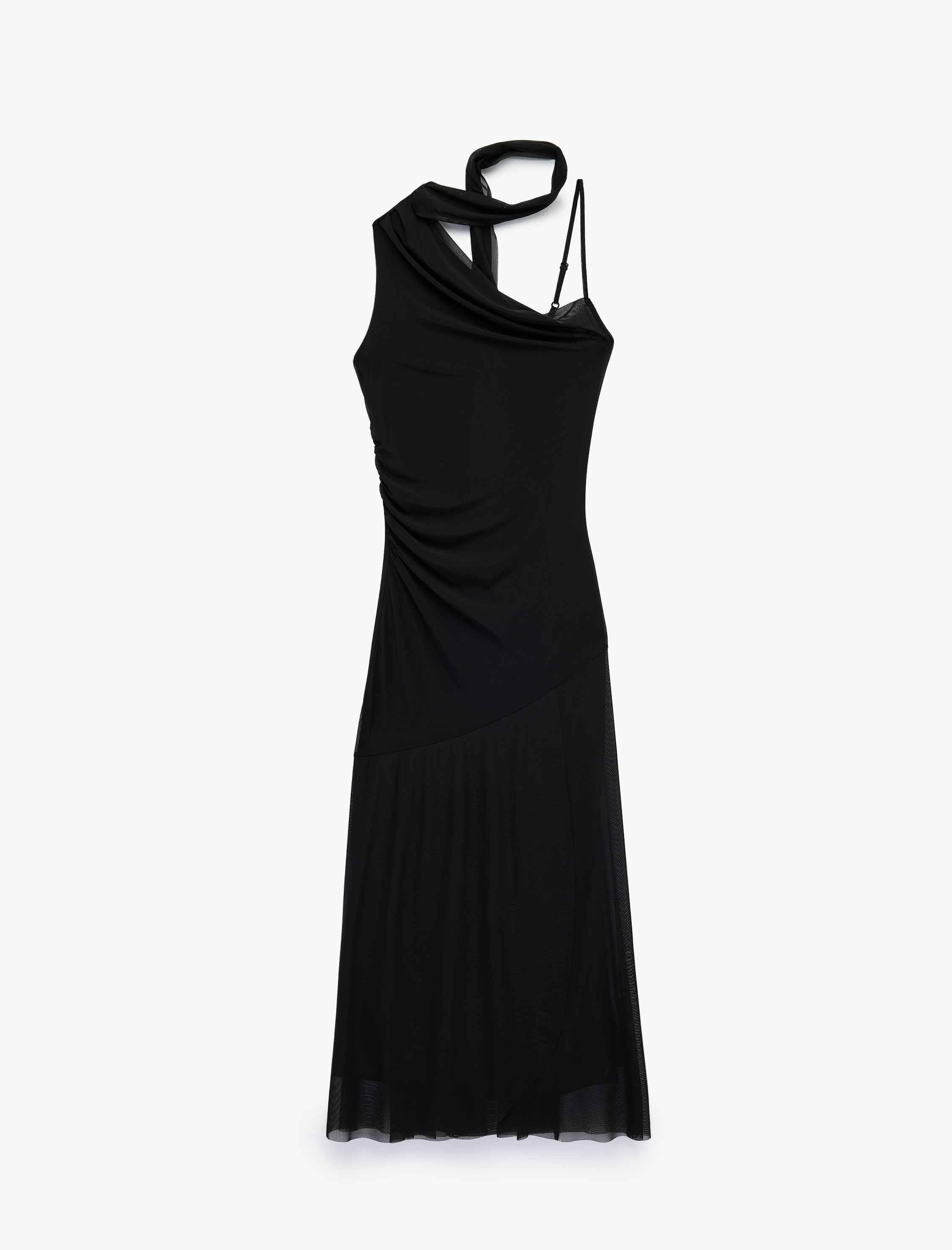   Slim Fit Fular Detaylı Asimetrik Kesim Askılı Tek Omuz Midi Tül Elbise