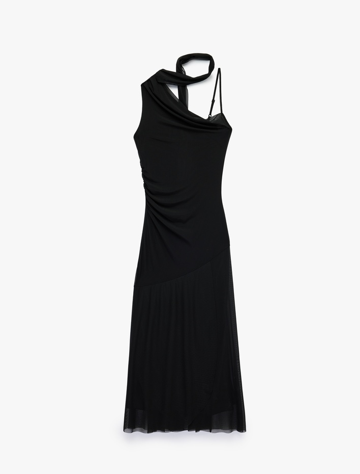  Slim Fit Fular Detaylı Asimetrik Kesim Askılı Tek Omuz Midi Tül Elbise