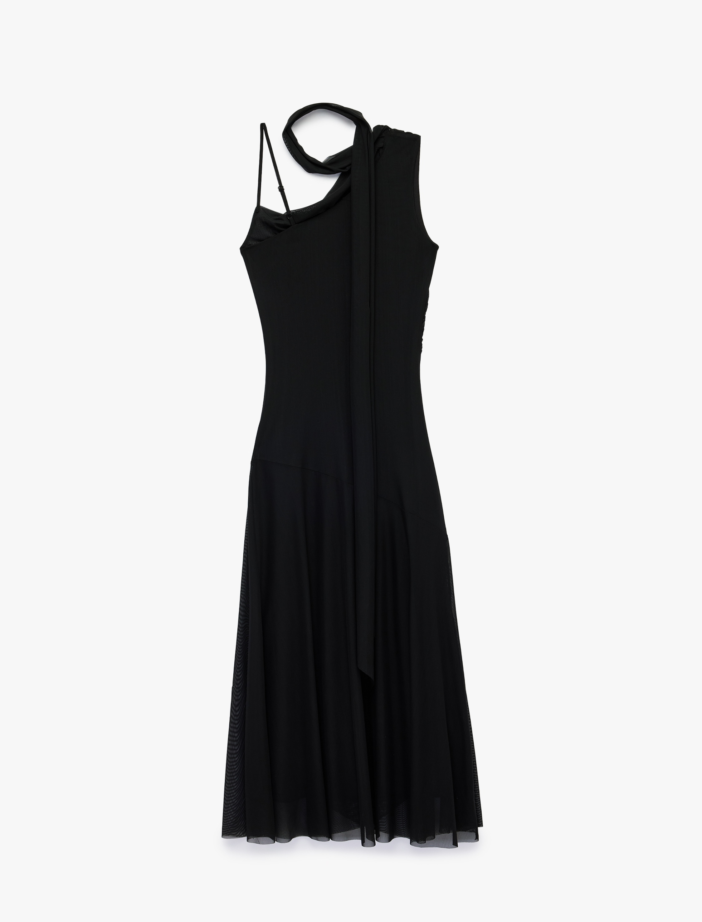  Slim Fit Fular Detaylı Asimetrik Kesim Askılı Tek Omuz Midi Tül Elbise