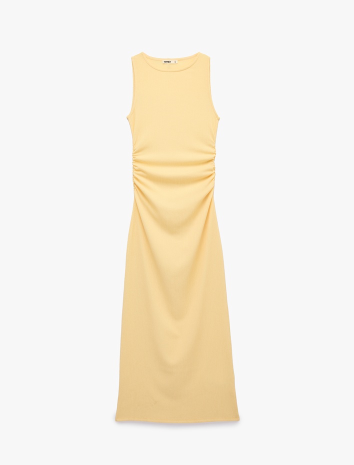  Drape Detaylı Bisiklet Yaka Kolsuz Dokulu Kobalt Mavi Bodycon Elbise
