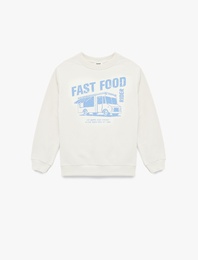 Pamuklu Uzun Kollu Bisiklet Yaka Baskılı Şardonlu Sweatshirt