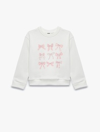 Taş Detaylı Uzun Kollu Bisiklet Yaka Fiyonk Baskılı Sweatshirt