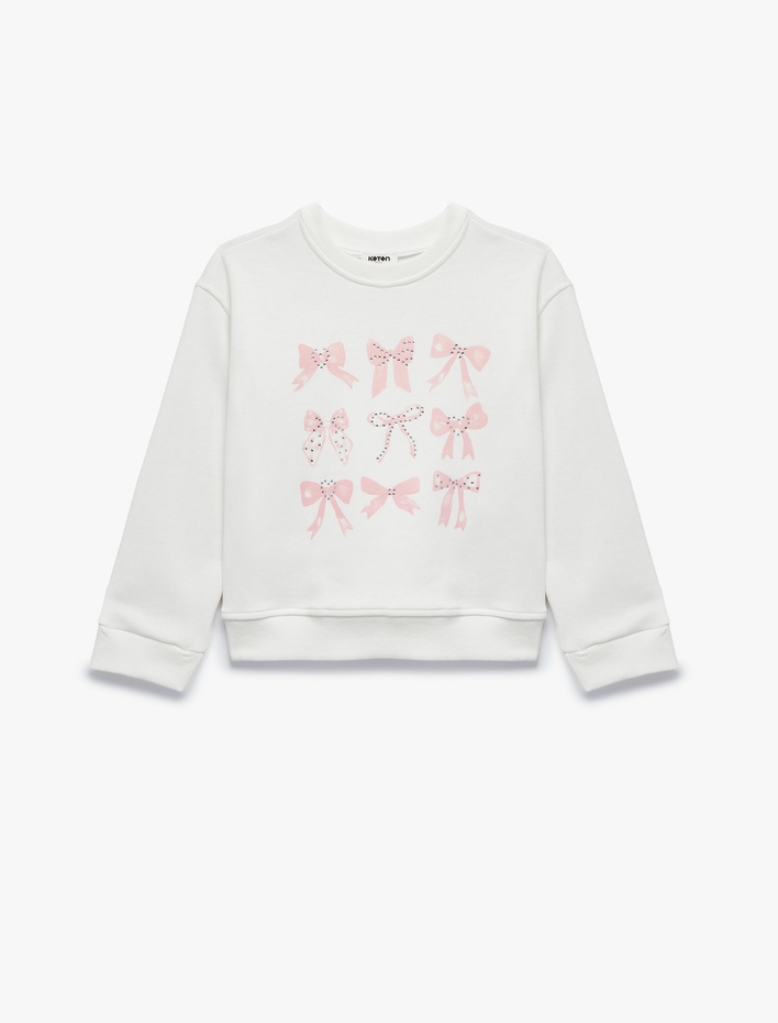 Kız Çocuk Taş Detaylı Uzun Kollu Bisiklet Yaka Fiyonk Baskılı Sweatshirt