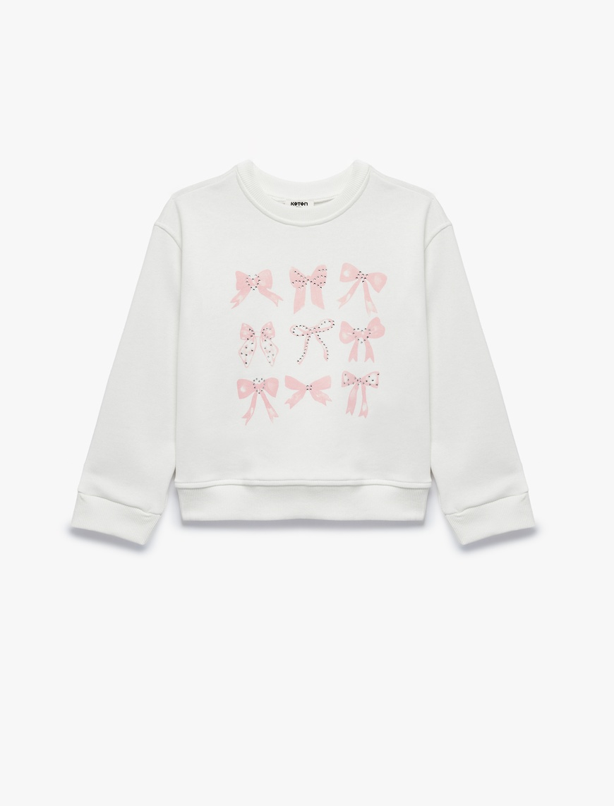 Koton Taş Detaylı Uzun Kollu Bisiklet Yaka Fiyonk Baskılı Sweatshirt