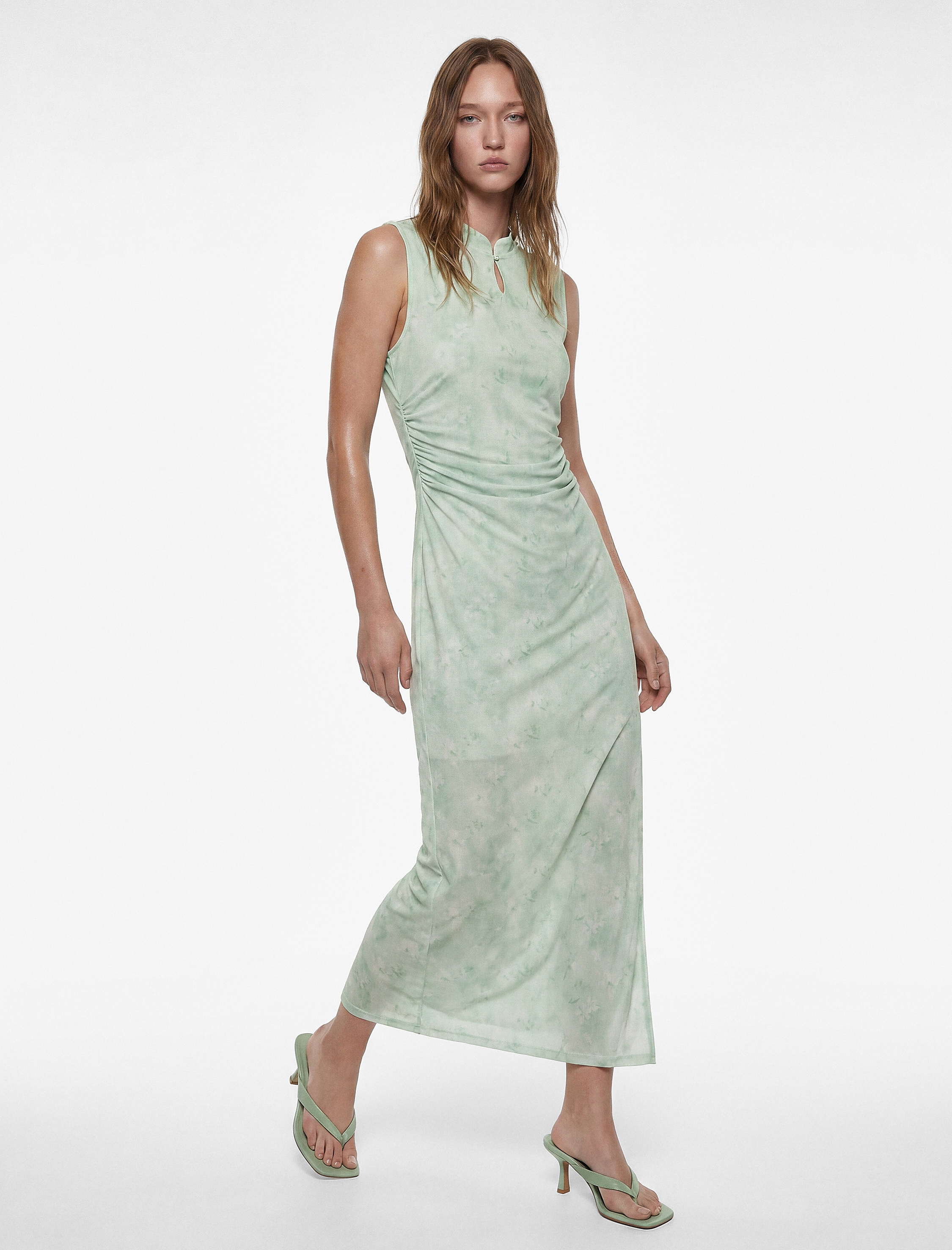   Kolsuz Pencere Detaylı Çiçekli Drapeli Midi Qipao Yaka Tül Elbise