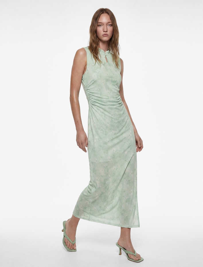  Kolsuz Pencere Detaylı Çiçekli Drapeli Midi Qipao Yaka Tül Elbise