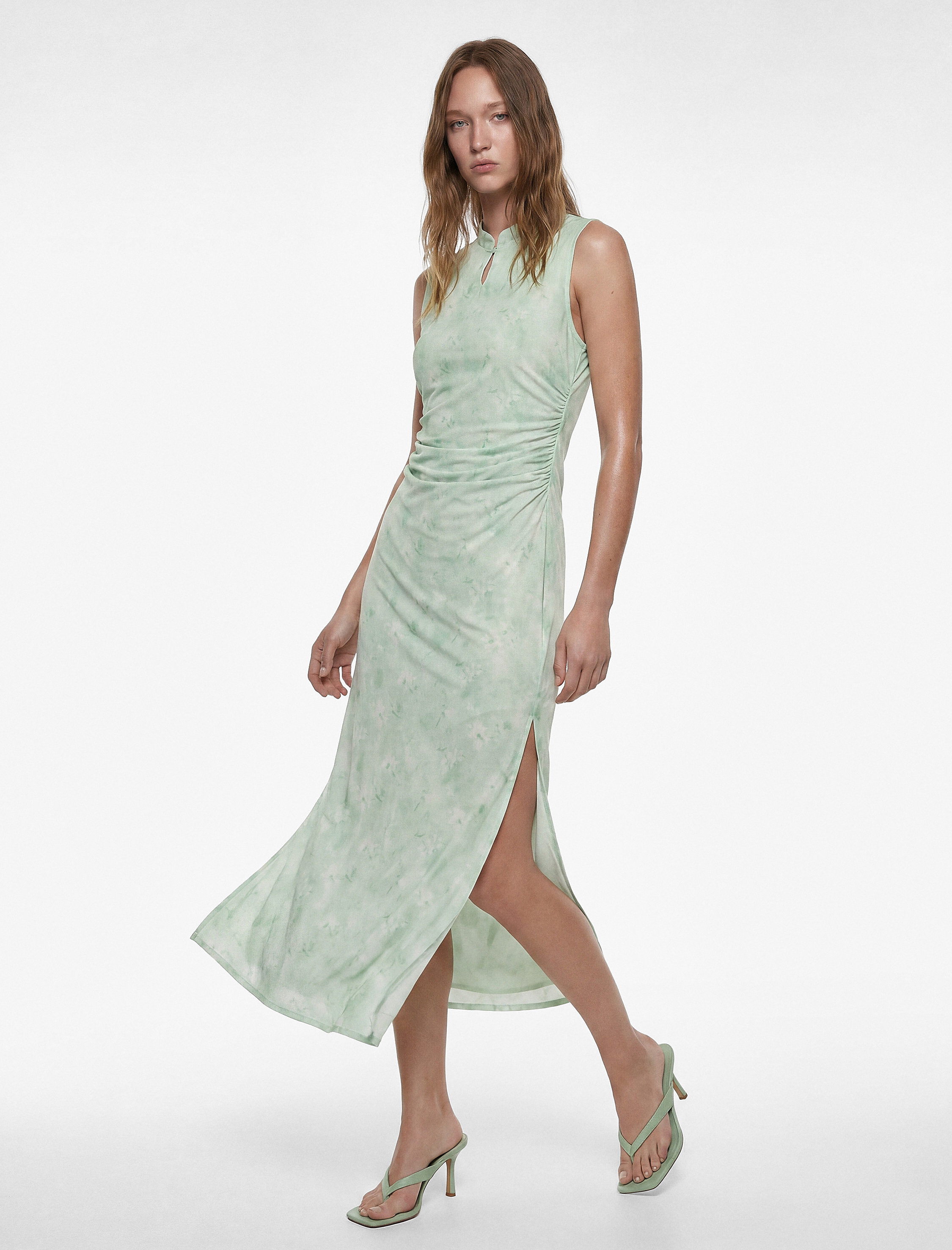   Kolsuz Pencere Detaylı Çiçekli Drapeli Midi Qipao Yaka Tül Elbise