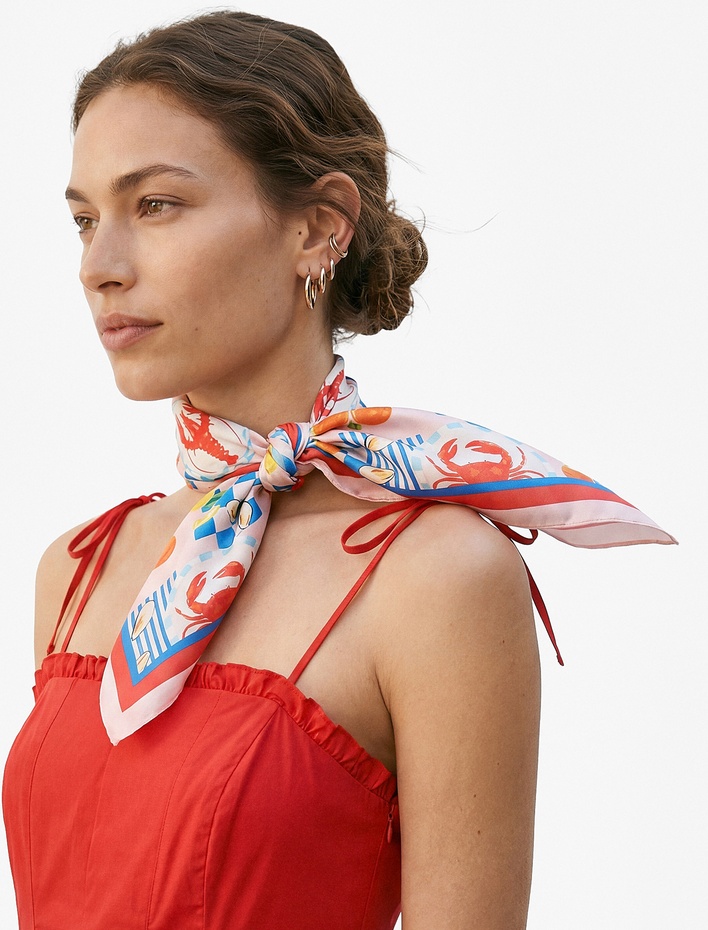 Kadın Yaz Temalı Desenli Saten Kare Fular Bandana - Koton X Sibil Çetinkaya