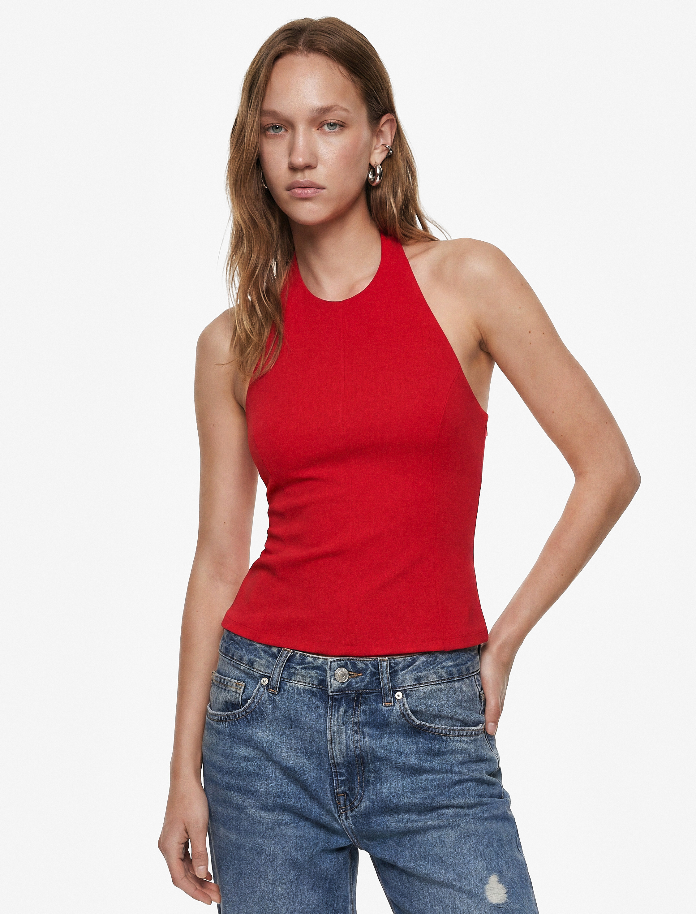   Slim Fit Bel Vurgulu Halter Yaka Kolsuz Peplum Bluz
