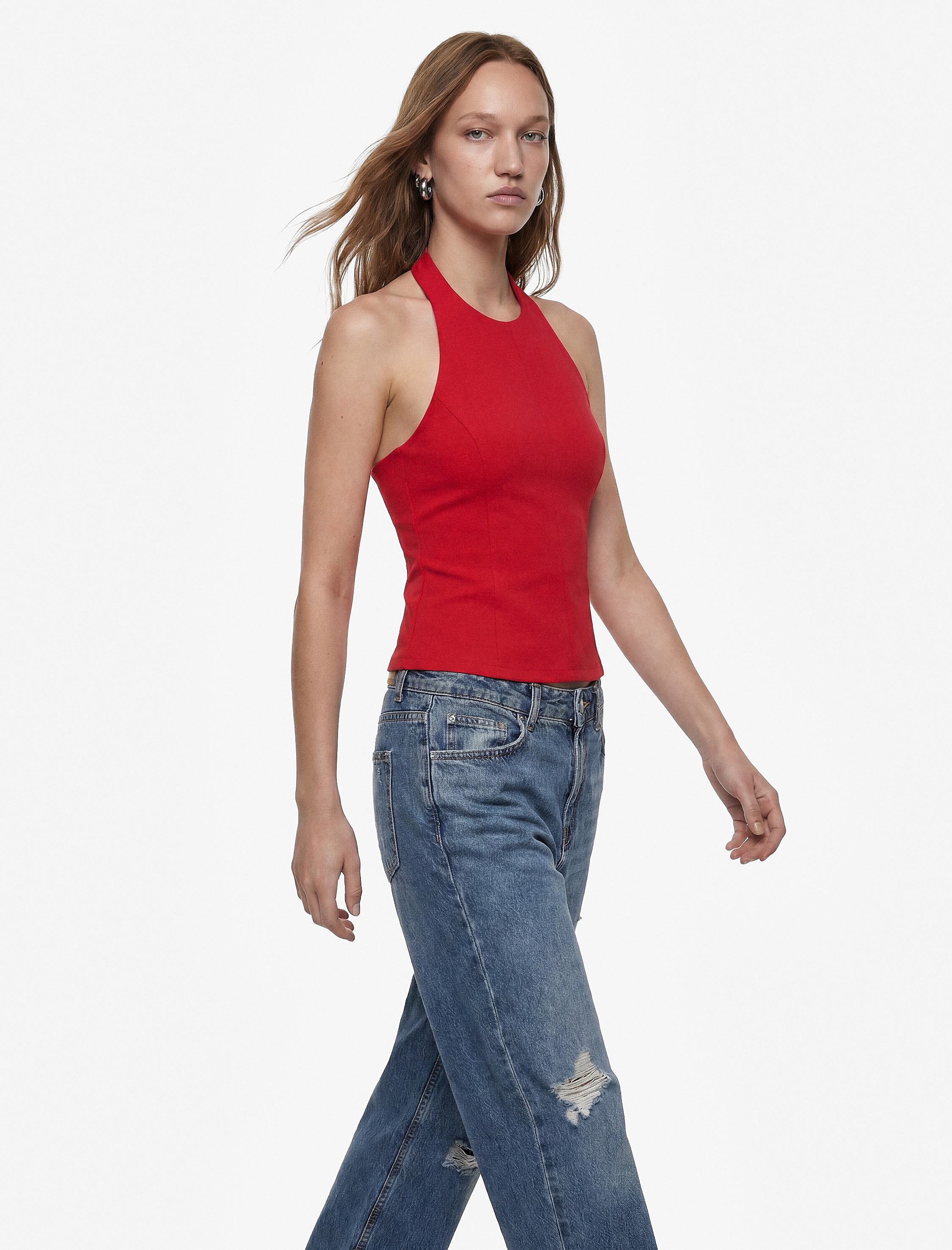  Slim Fit Bel Vurgulu Halter Yaka Kolsuz Peplum Bluz