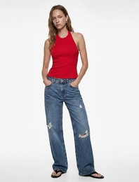 Slim Fit Bel Vurgulu Halter Yaka Kolsuz Peplum Bluz