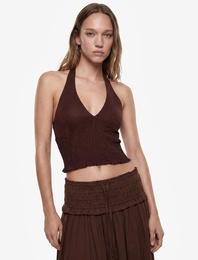 Keten Karışımlı Halter Yaka Boyundan Bağlamalı Gipeli Crop Top