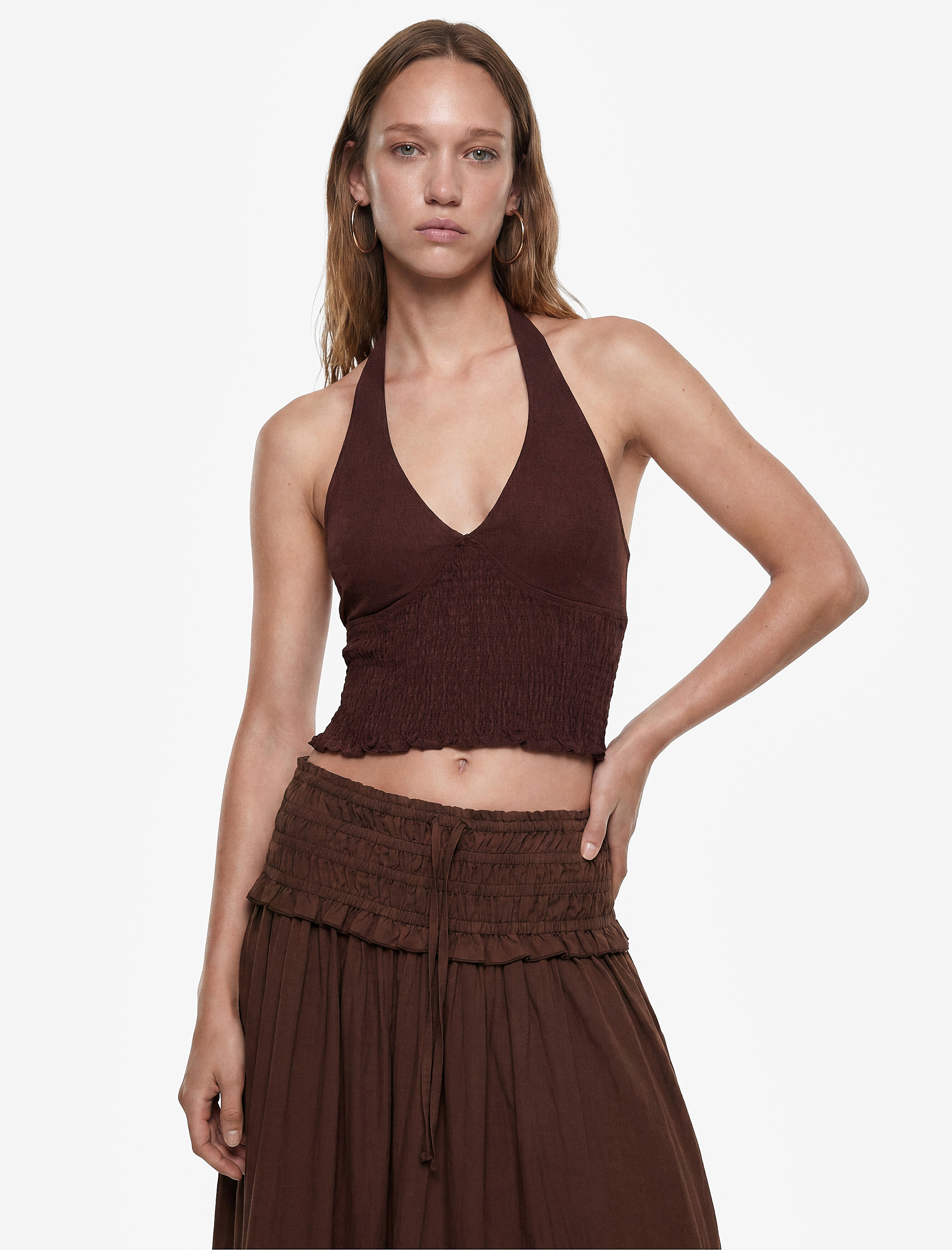   Keten Karışımlı Halter Yaka Boyundan Bağlamalı Gipeli Crop Top