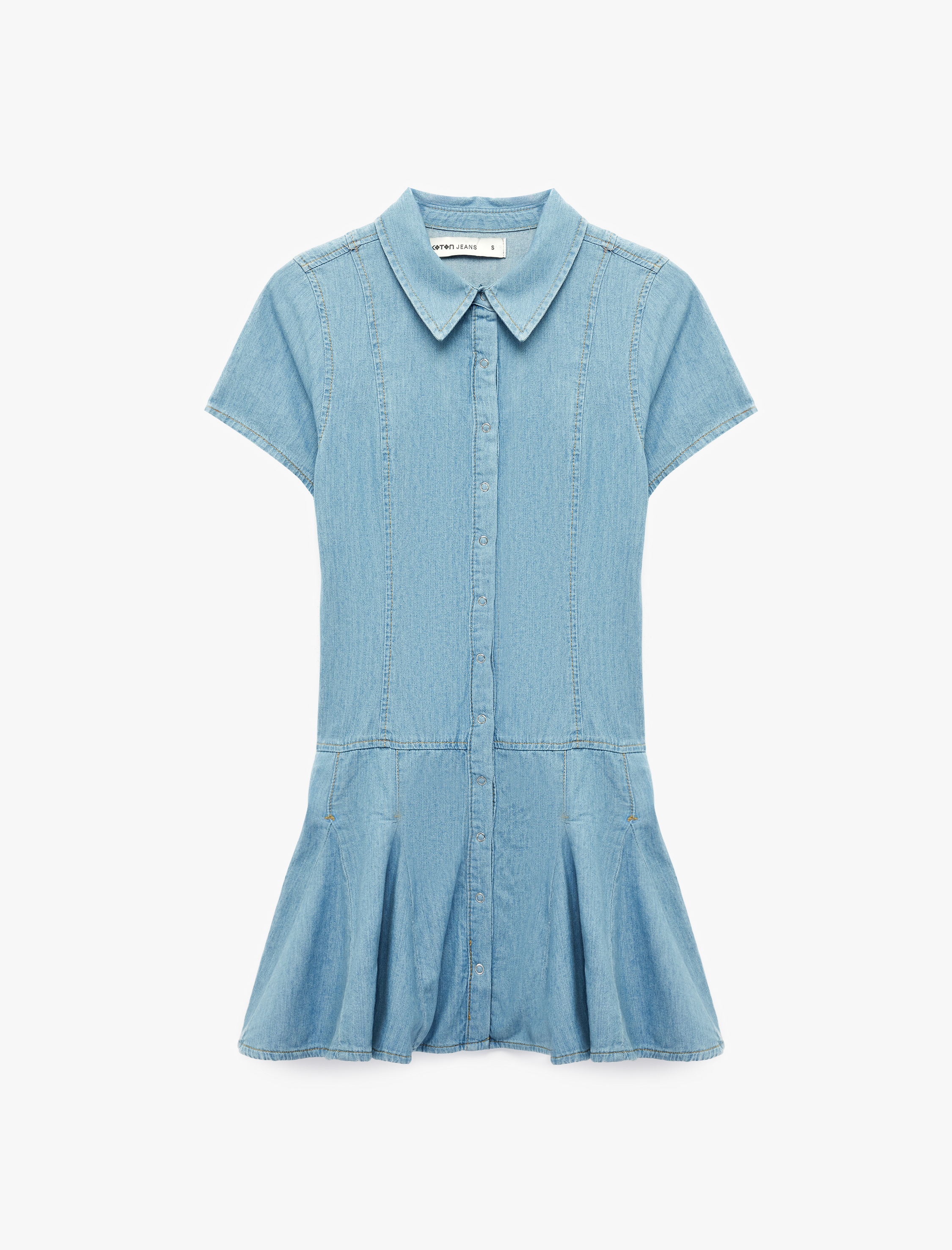   Pamuklu Klasik Yaka Kısa Kollu Düğmeli Pileli Mini Denim Elbise