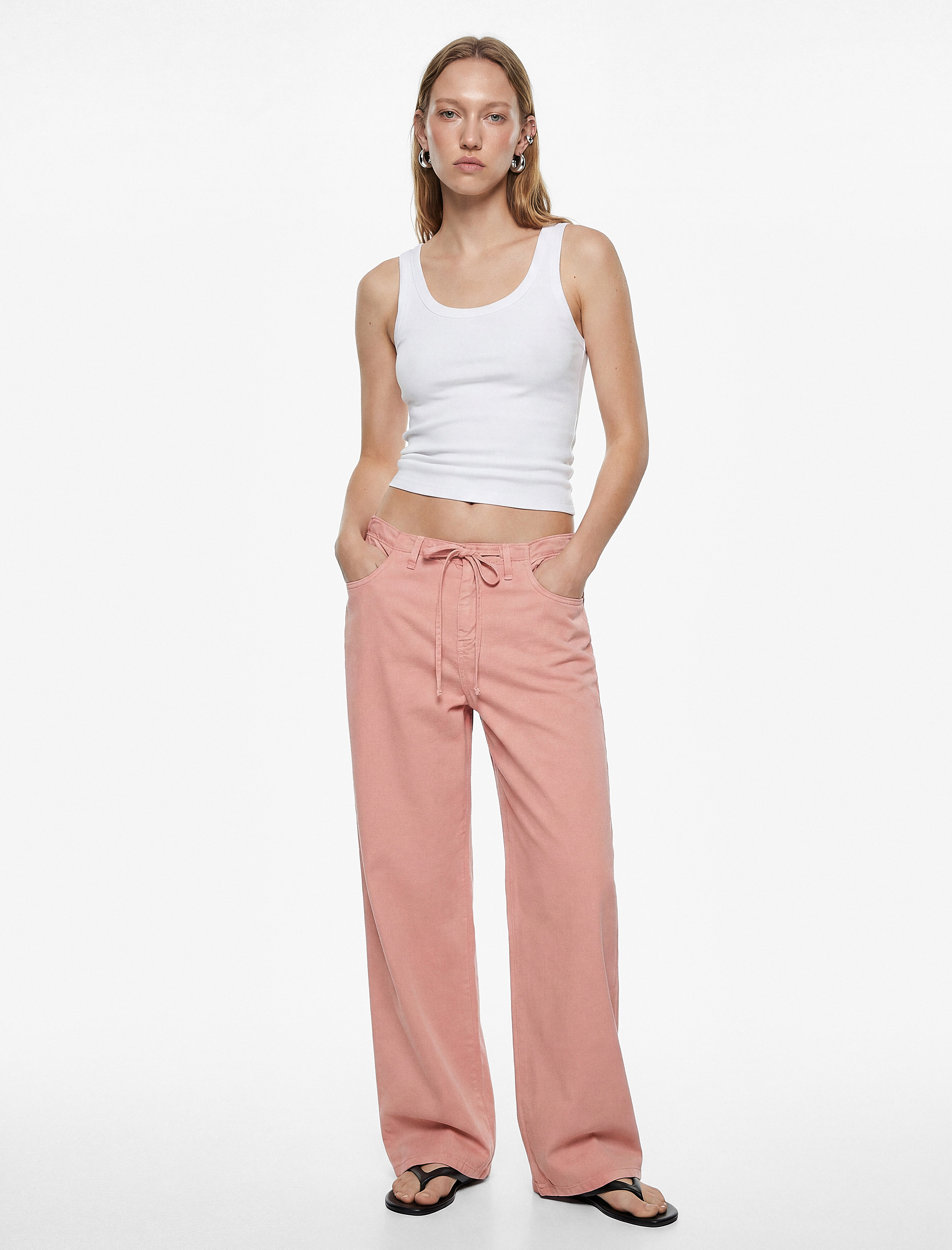   Pamuklu Cep Detaylı Beli Bağcıklı Bol Pantolon - Loose Straight Fit Jean