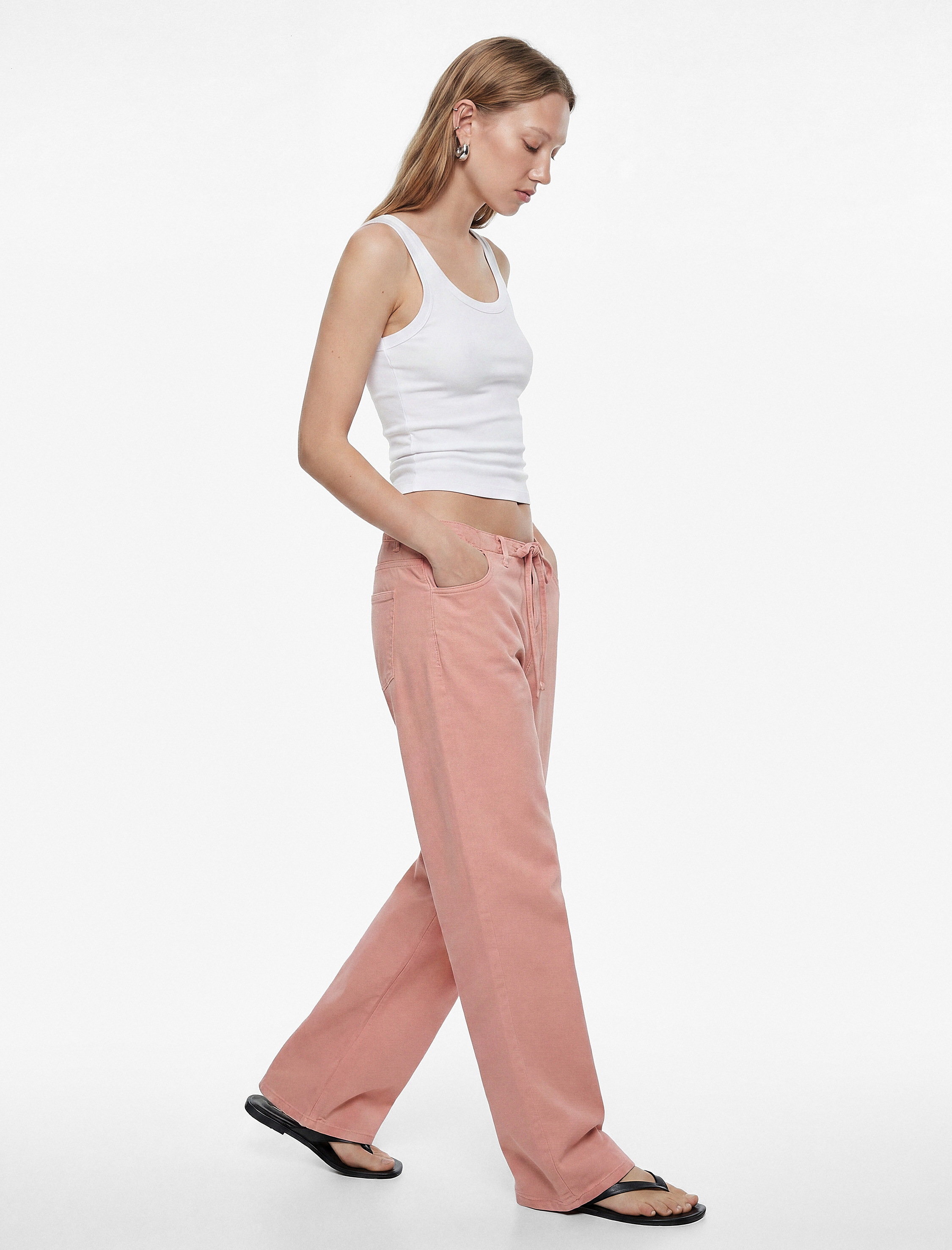   Pamuklu Cep Detaylı Beli Bağcıklı Bol Pantolon - Loose Straight Fit Jean
