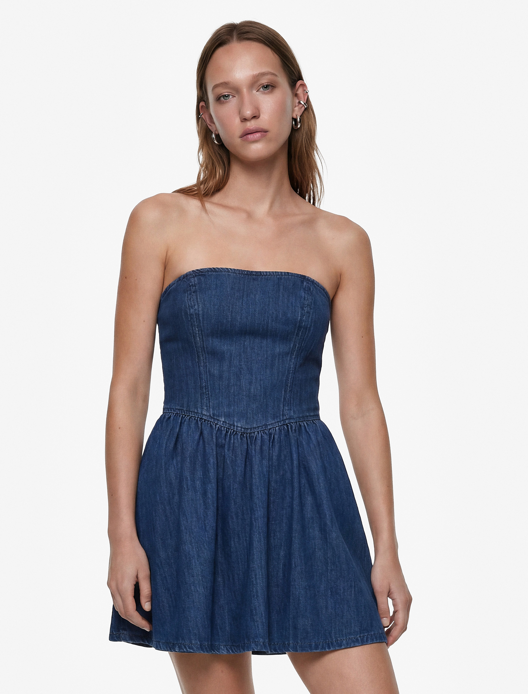   Pamuklu Straplez Kalp Yaka Kolsuz Korse Detaylı Mini Denim Elbise