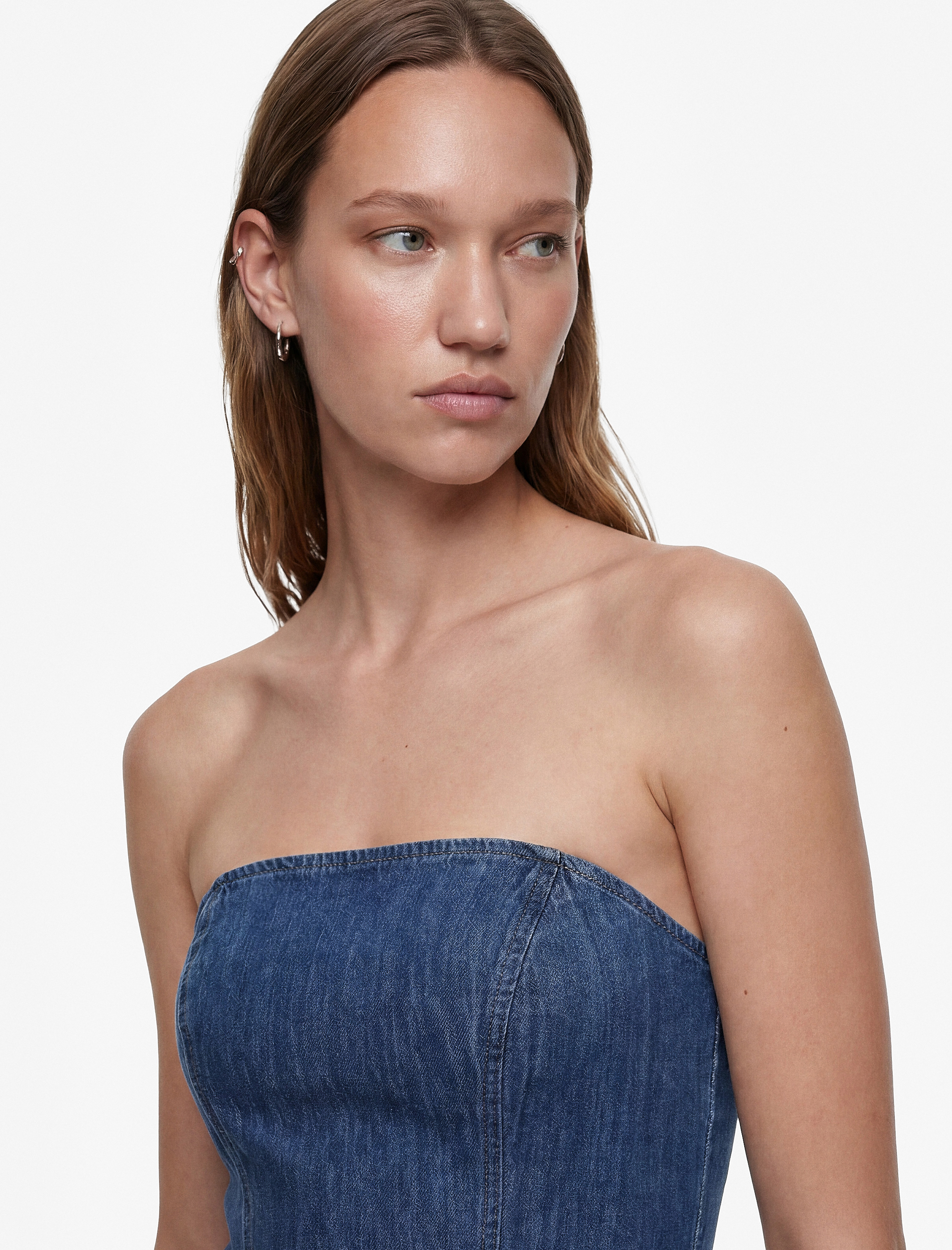   Pamuklu Straplez Kalp Yaka Kolsuz Korse Detaylı Mini Denim Elbise