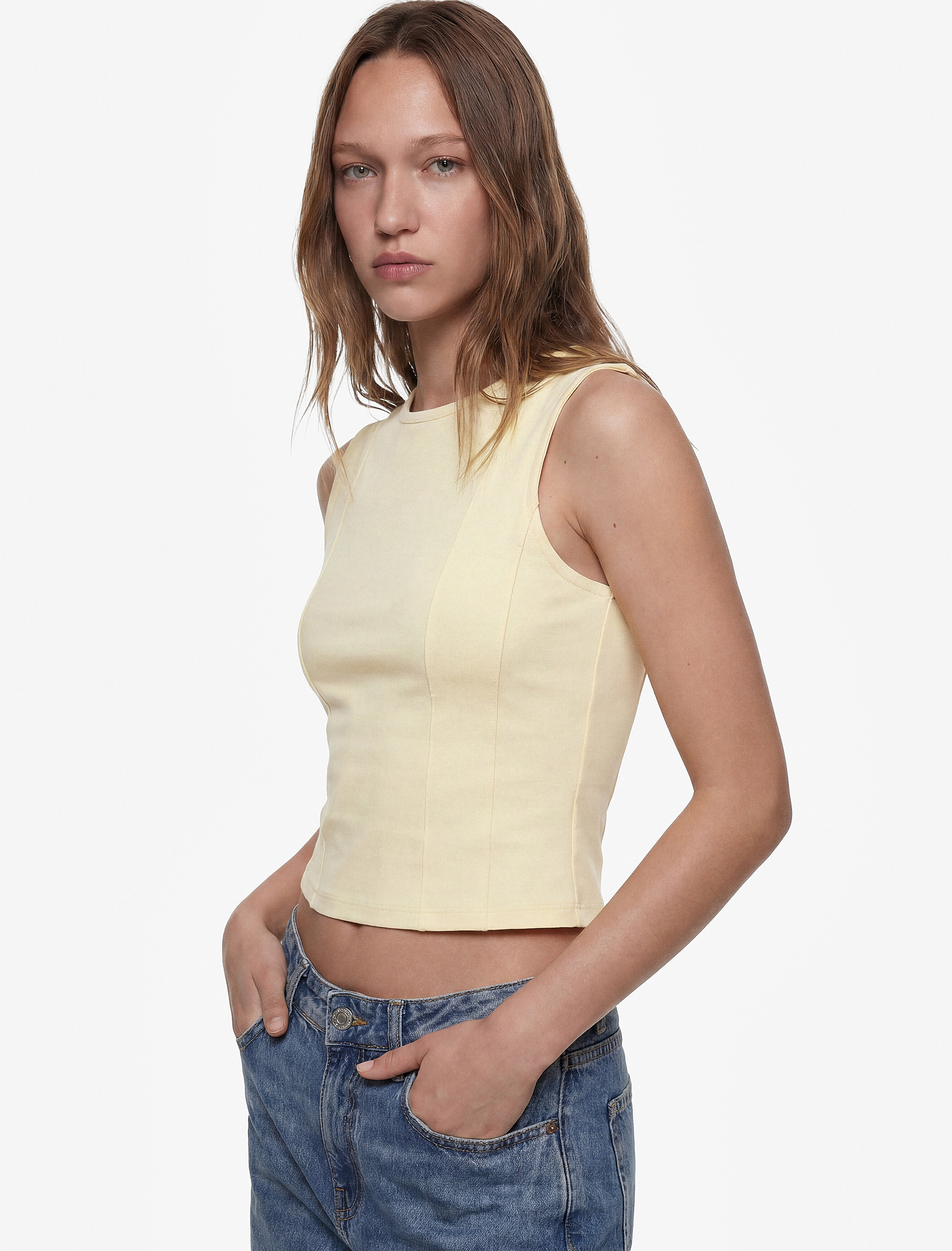   Slim Fit Pamuklu Bisiklet Yaka Korse Detaylı Kolsuz Bluz