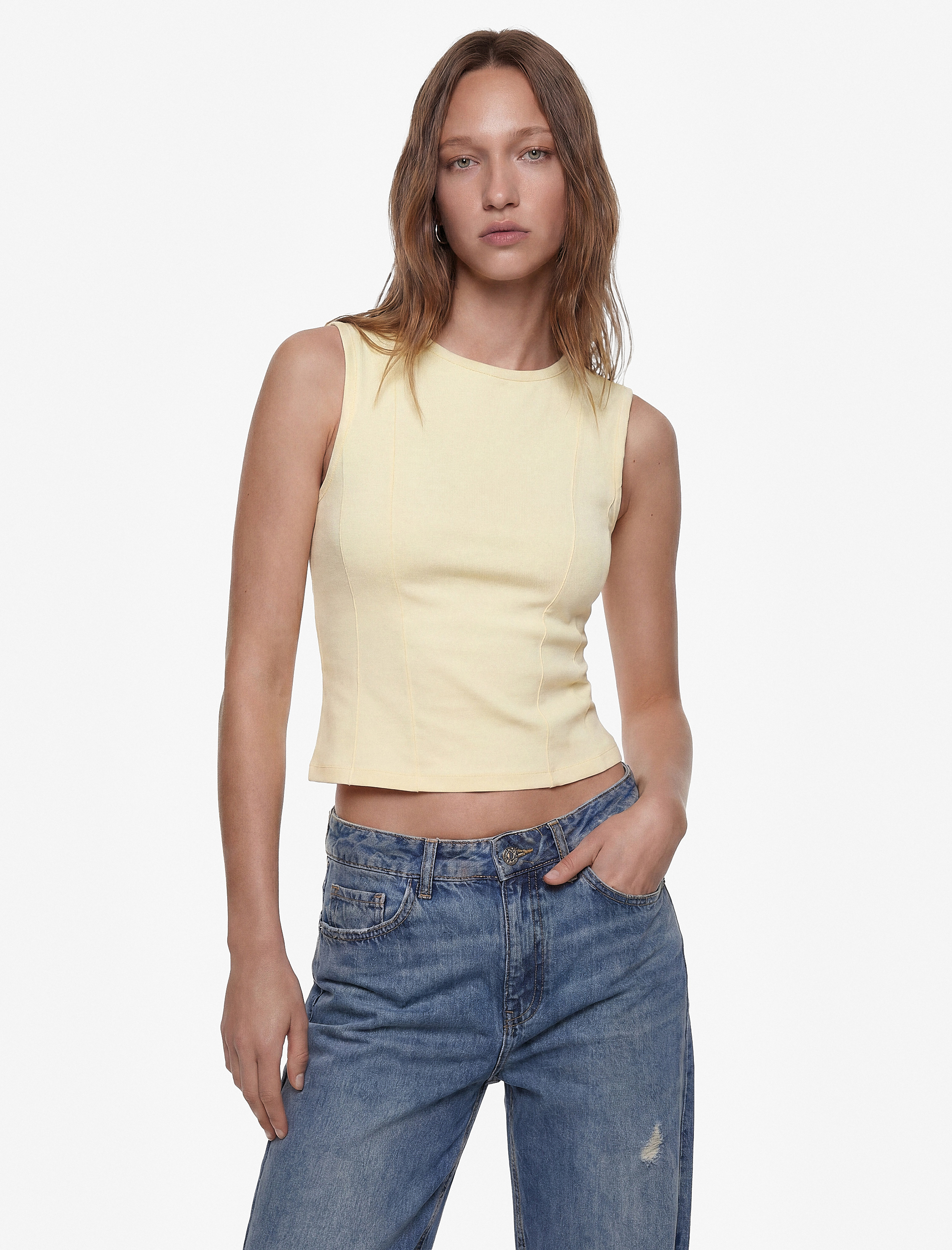   Slim Fit Pamuklu Bisiklet Yaka Korse Detaylı Kolsuz Bluz