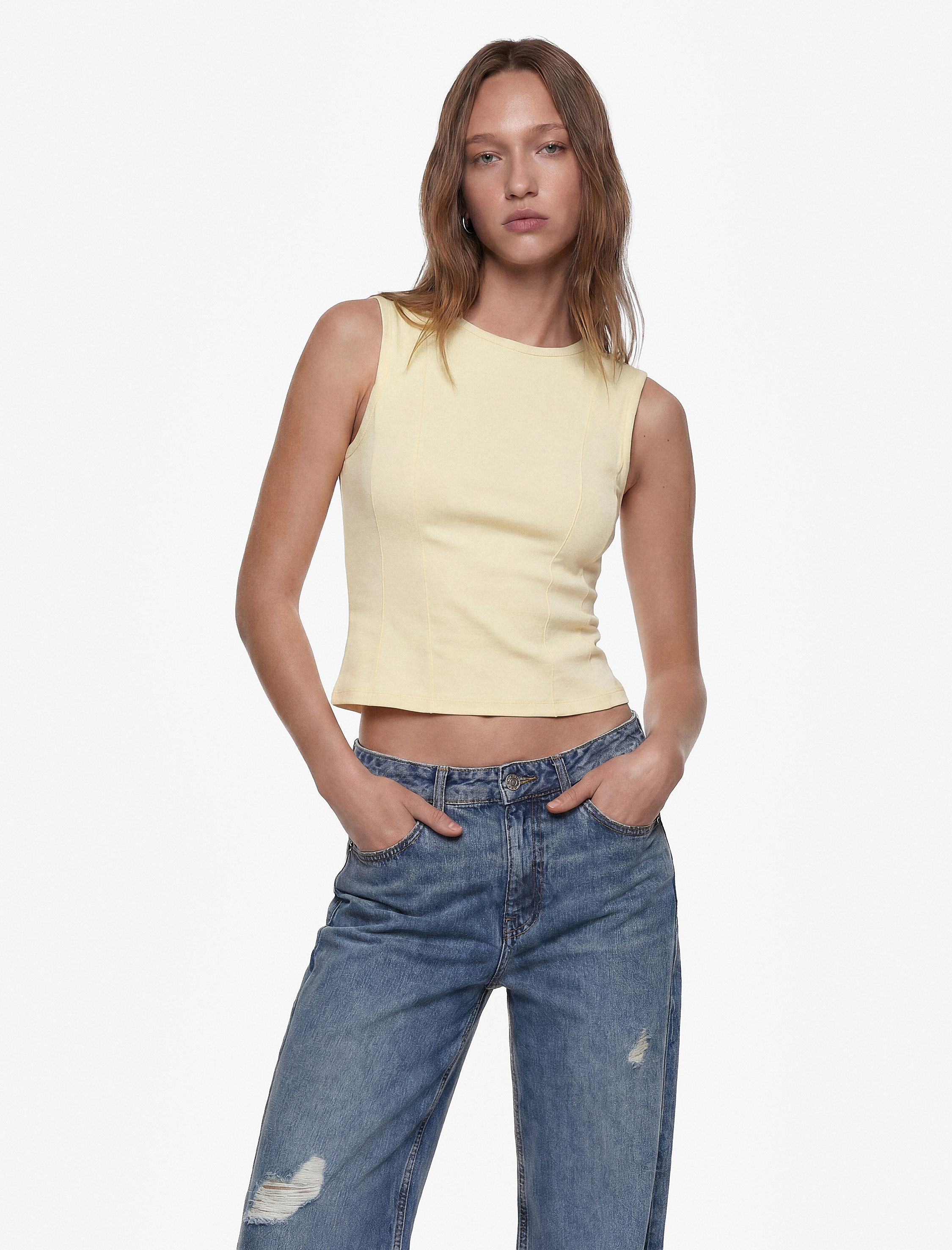   Slim Fit Pamuklu Bisiklet Yaka Korse Detaylı Kolsuz Bluz