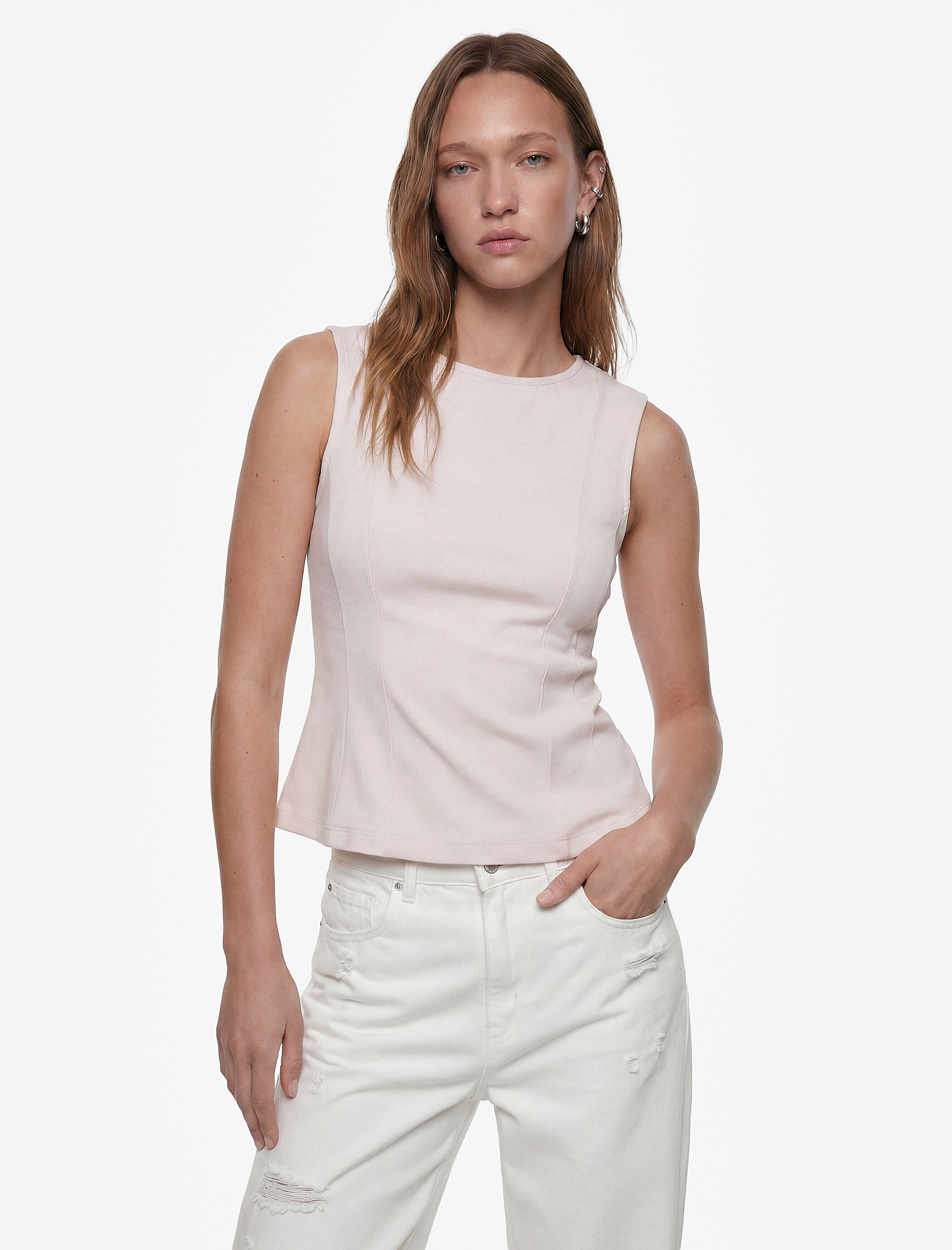   Slim Fit Pamuklu Bisiklet Yaka Korse Detaylı Kolsuz Bluz