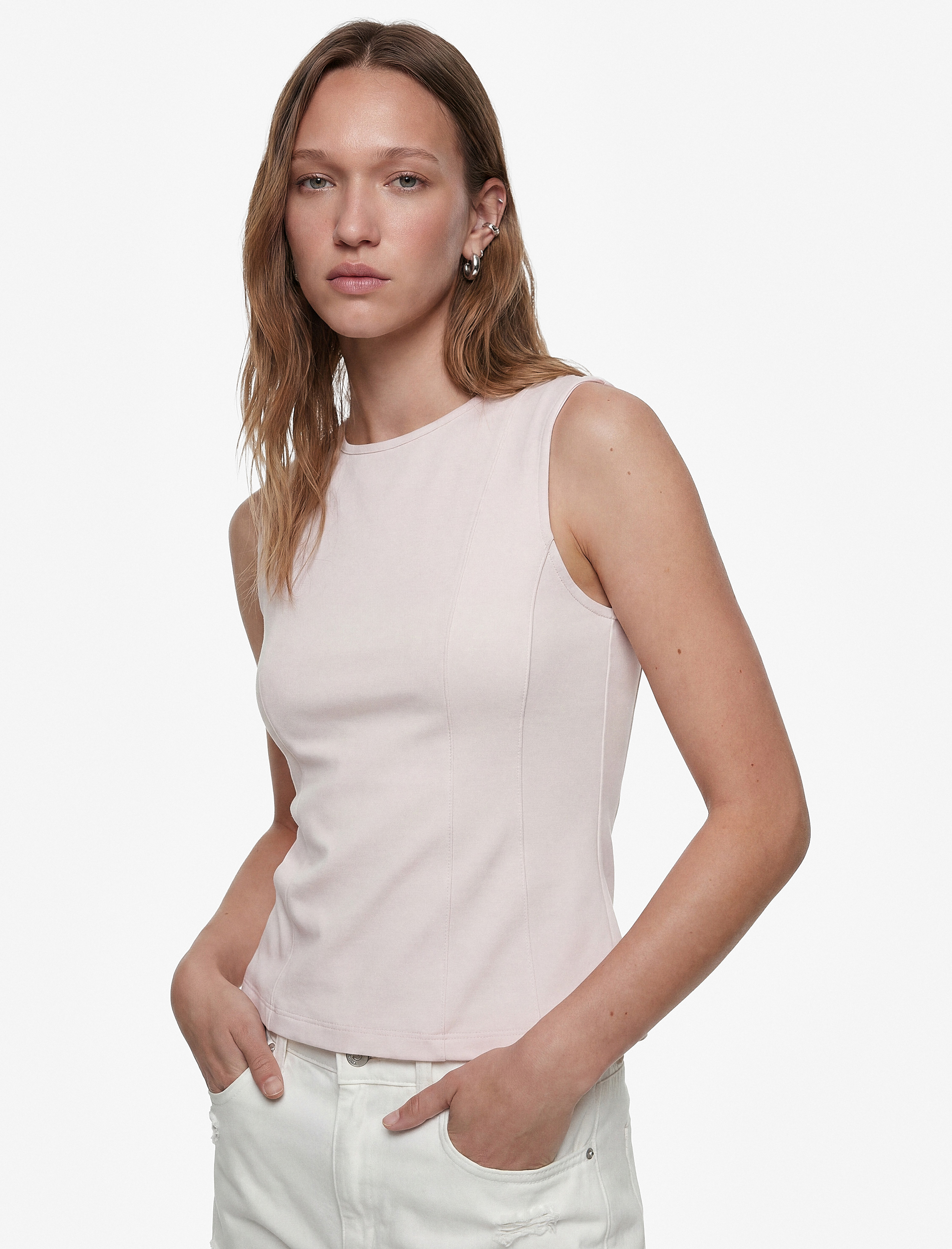   Slim Fit Pamuklu Bisiklet Yaka Korse Detaylı Kolsuz Bluz
