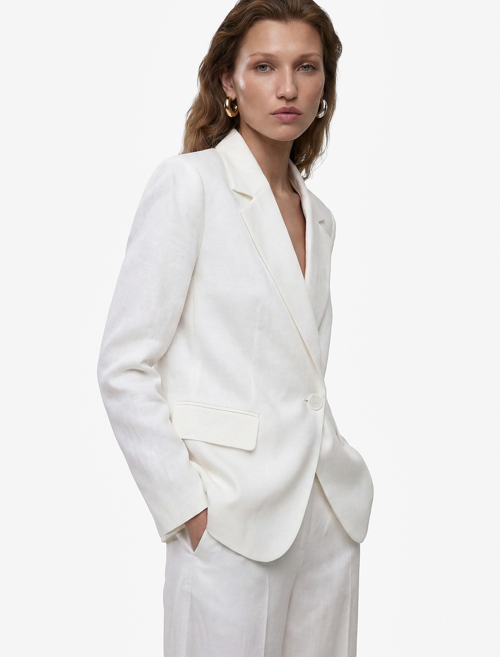  Keten Karışımlı Uzun Kollu Düğmeli Cepli Kruvaze Blazer Ceket