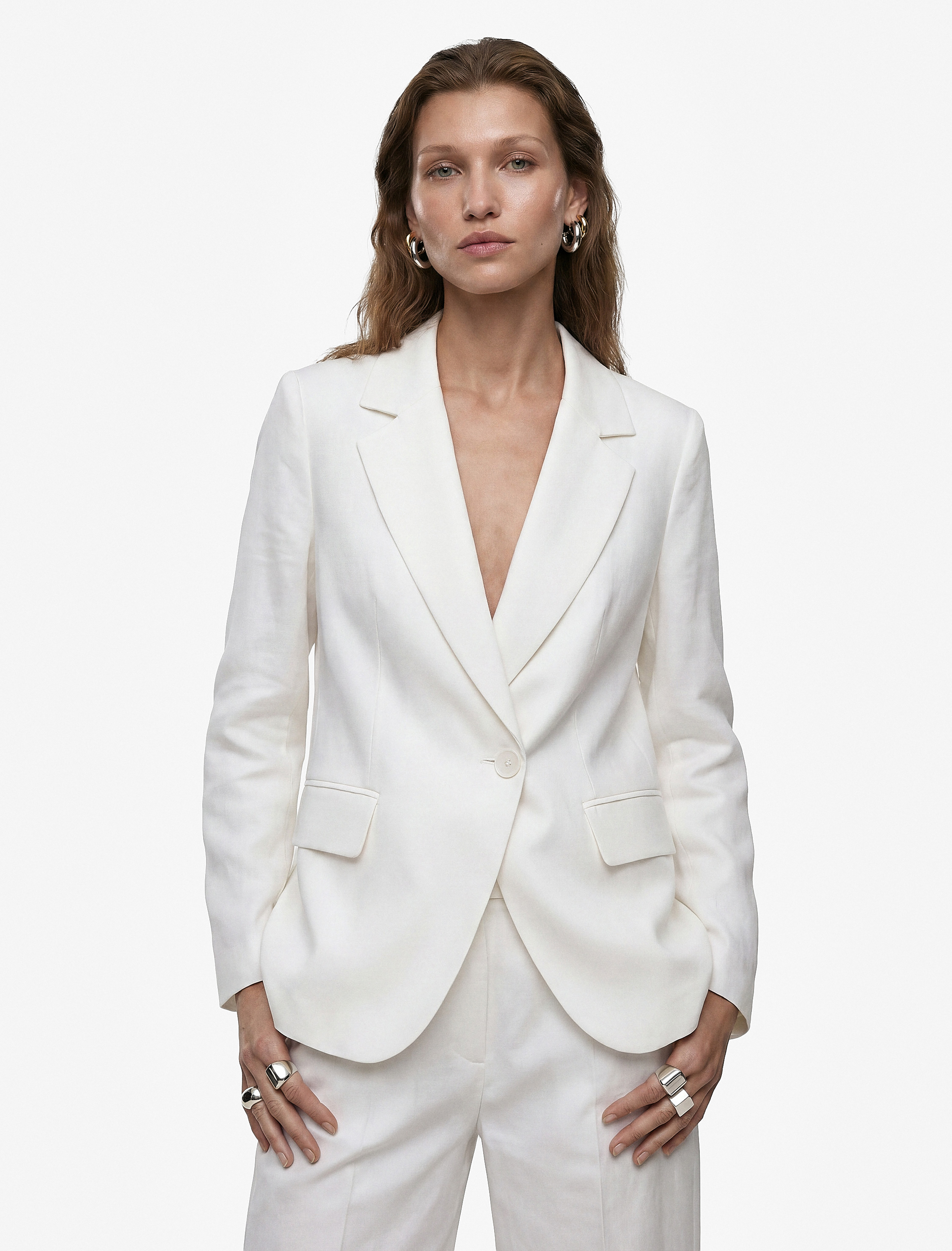   Keten Karışımlı Uzun Kollu Düğmeli Cepli Kruvaze Blazer Ceket