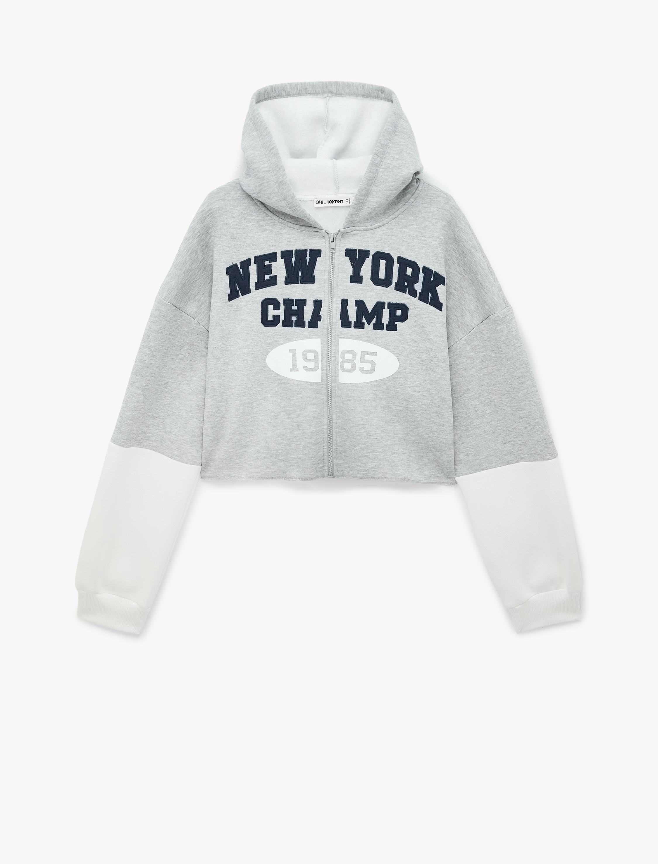   Şardonlu Uzun Kollu Baskılı Rahat Kalıp Crop Fermuarlı Kapüşonlu Sweatshirt