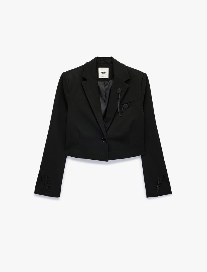  Broş Detaylı Geniş Yaka Uzun Kollu Crop Blazer Ceket
